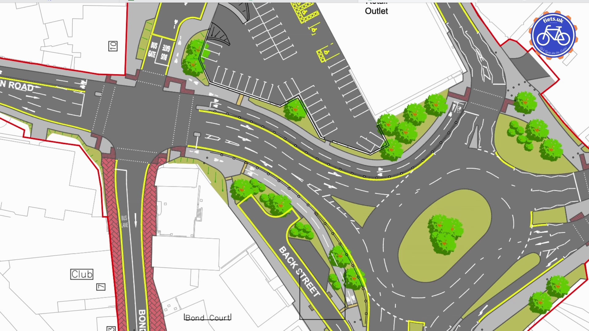 Extract from a road design plan showing a large roundabout for motor vehicles and some separated cycling infrastructure.