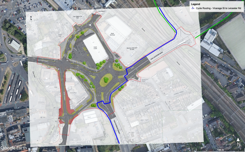 Road redevelopment plan overlaid on a Google Earth satellite image. A blue line shows a route for active travel which involves four controlled crossing points.