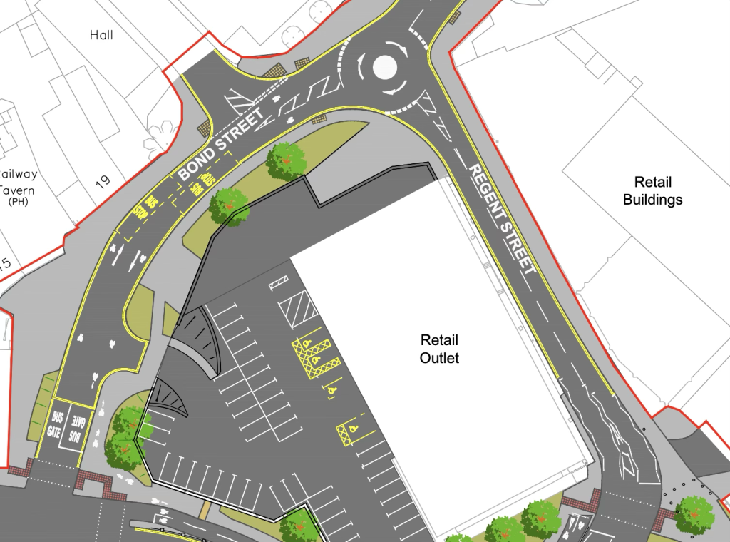 Extract from Warwickshire County Council's plan for road development in Nuneaton, showing the spur passing the railway station (Bond Street and Regent Street)