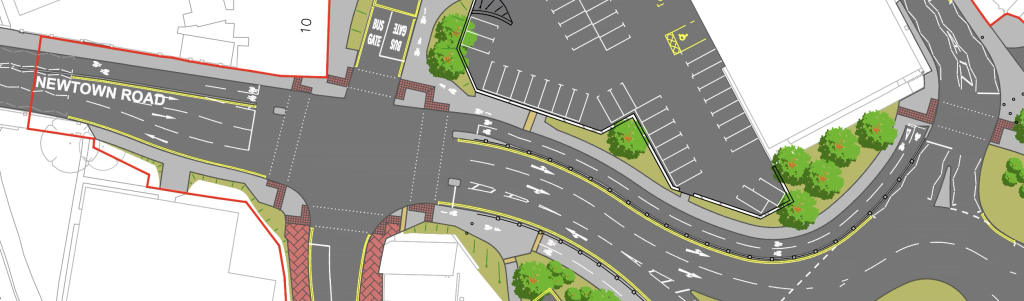 Extract from Warwickshire County Council's plan for road development in Nuneaton, showing the east-west protected cycle infrastructure.