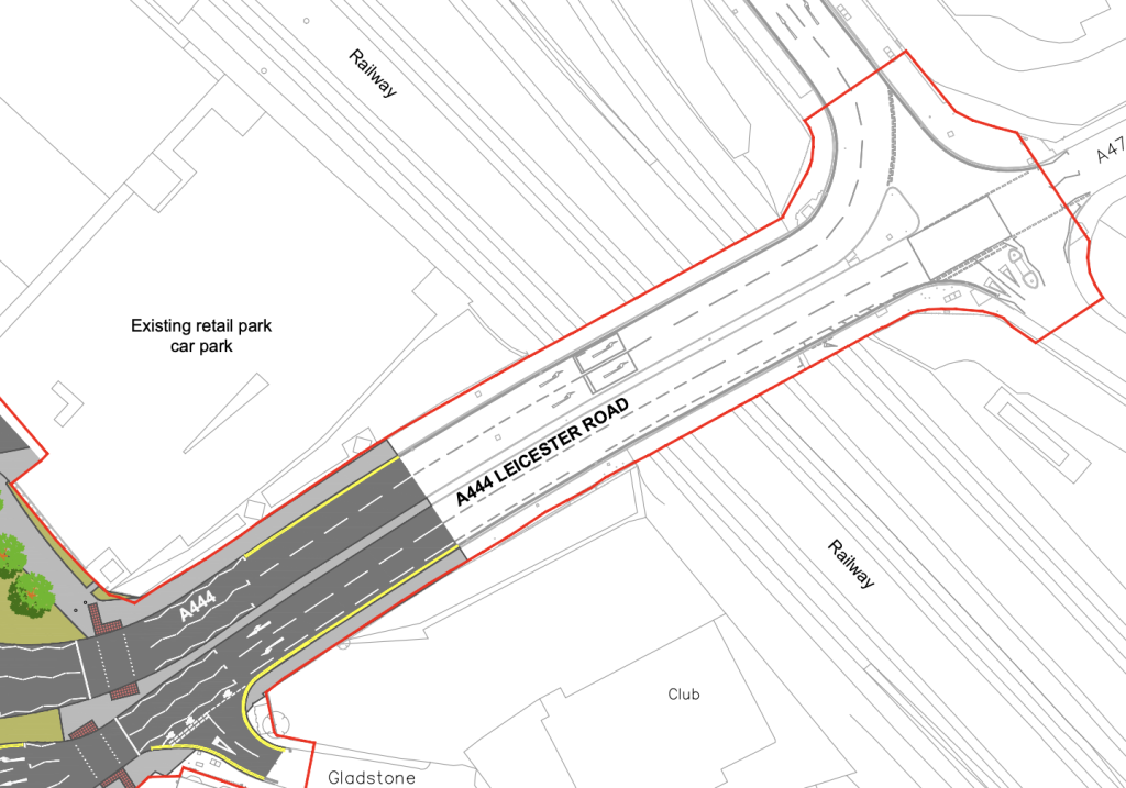 Extract from Warwickshire County Council's plan for road development in Nuneaton, showing Leicester Road bridge