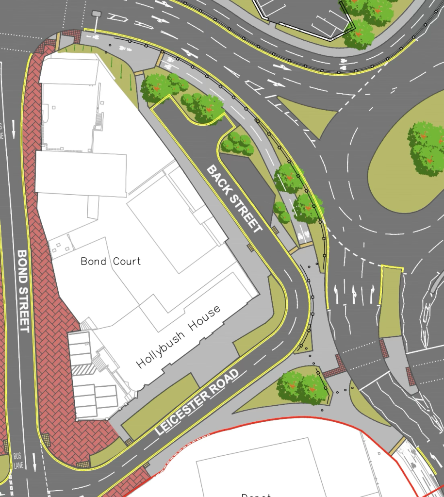Extract from Warwickshire County Council's plan for road development in Nuneaton, showing the north-south active travel infrastructure that swaps between separated cycling and shared use space