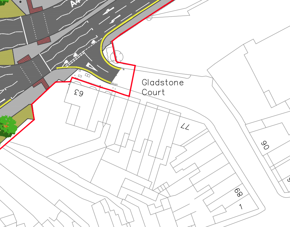 Extract from Warwickshire County Council's plan for road development in Nuneaton, showing the junction of Leicester Road and Regent Street (south)