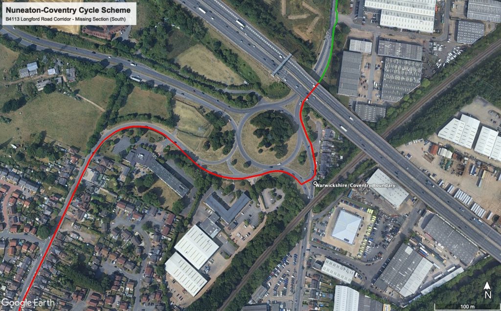 Google Earth satellite view focusing on the boundary between Exhale and Coventry, showing a large roundabout. A red line plots a potential cycle route but which is missing from a currently planned short scheme (green)