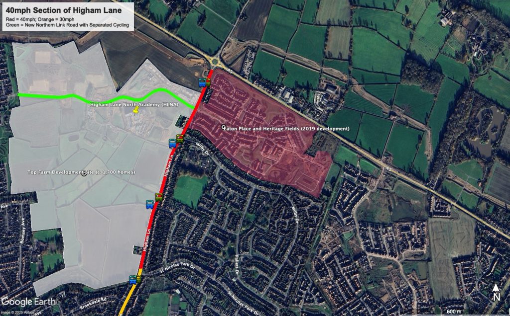 Google Earth satellite map showing the large Top Farm development site to the west which will support 1,700 new homes, the location of the new school to the north east of that development, and the existing Higham Lane with the 40mph speed limit section in red; 30mph speed limit section in orange