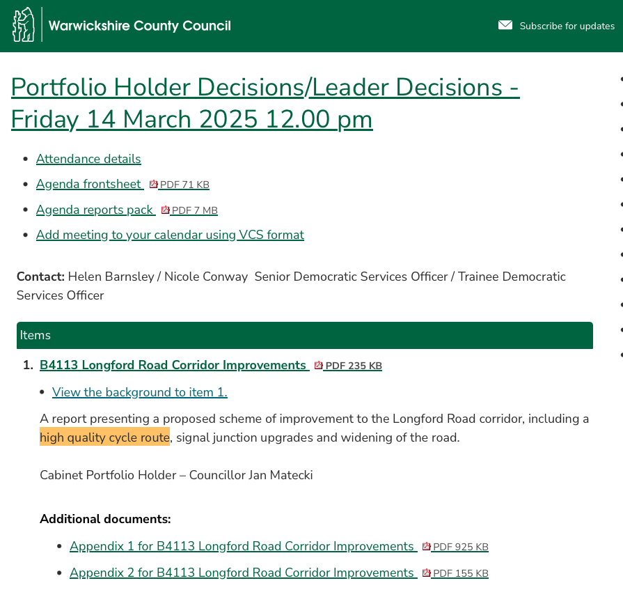 Screenshot of a Warwickshire County Council webpage summarising an agenda for Portfolio Holder/Leader Decisions. Highlighted is a reference to a "high quality cycle route" .