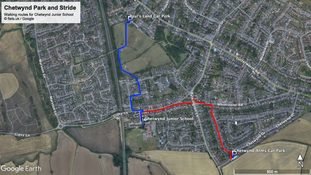 Chetwynd Junior School Park and Stride Car Parks and Routes (Google Earth)